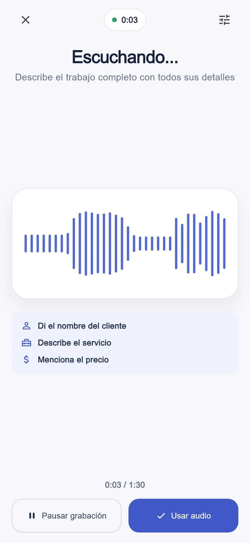 Pantalla real de grabación de Invoicista con ondas de voz.